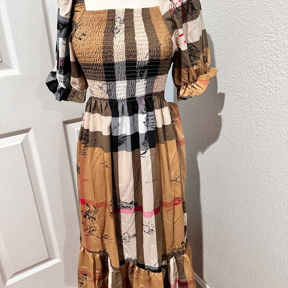 Plaid Smocked Dress with Ruffle Sleeves